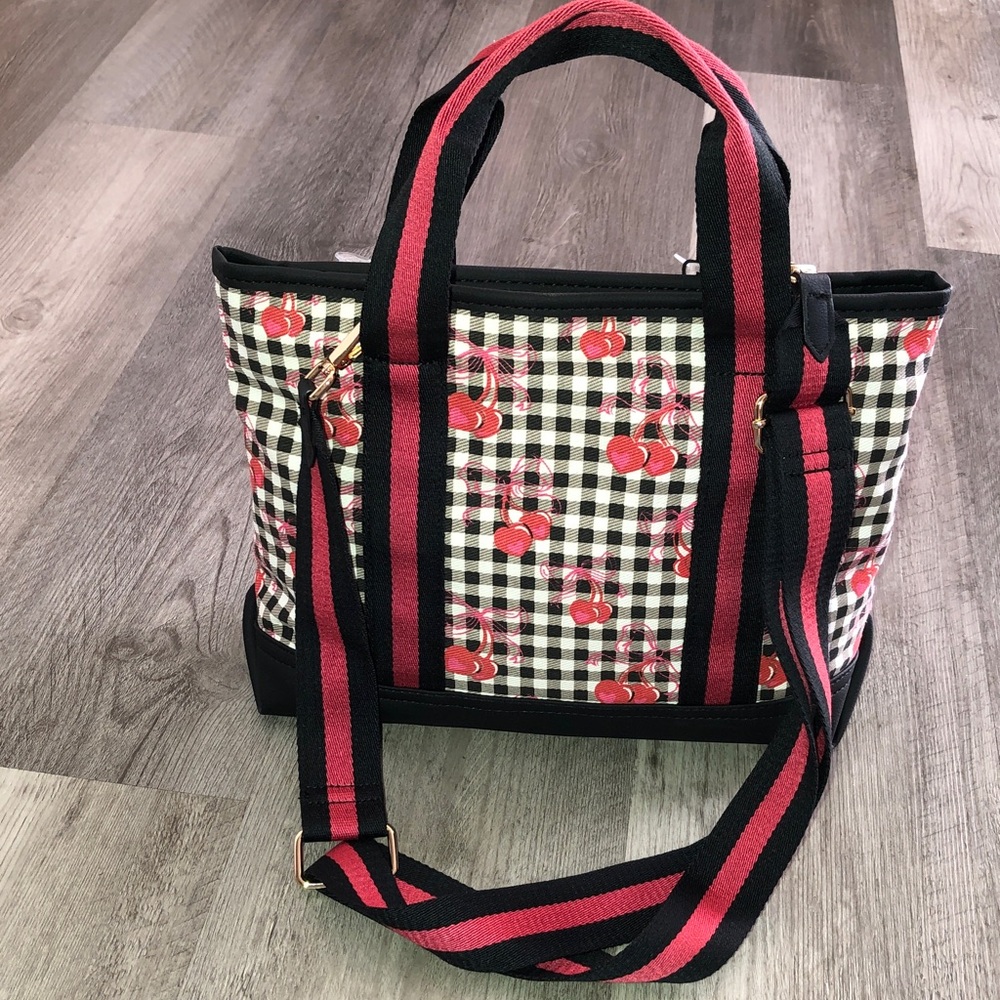 Luv Betsey Betsey Johnson Black & White Gingham & Red Cherry Print Tote Bag NWT - Picture 13 of 16